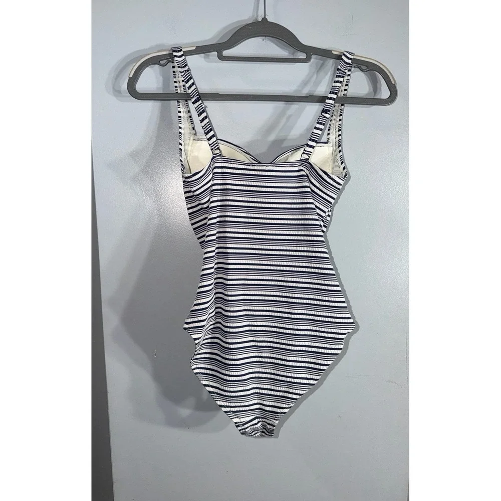 Niptuck blue and white striped one piece swimsuit ruched sides women's 4